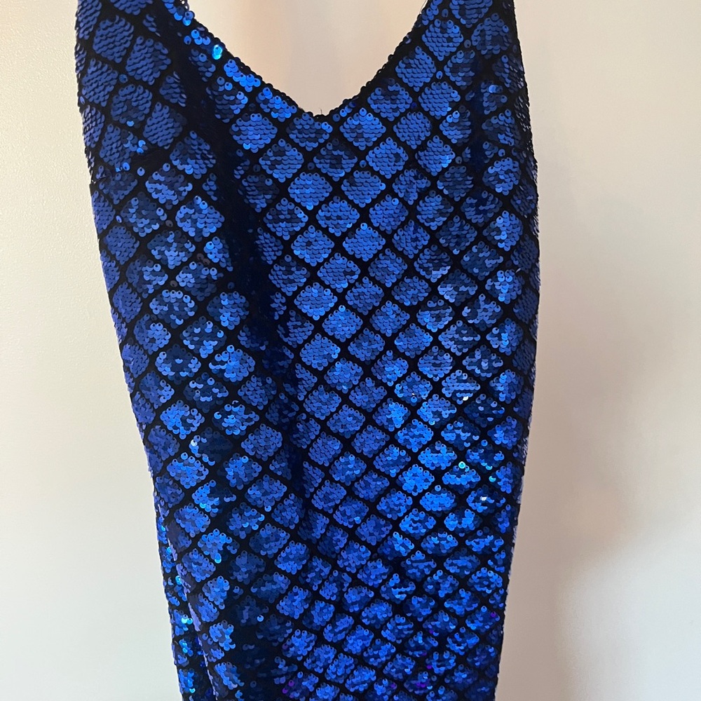 Blue sequin slip dress